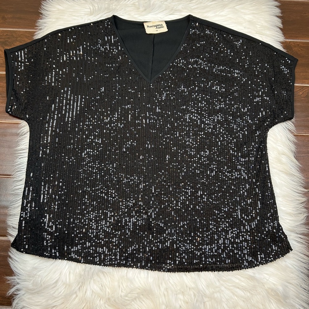 Savanna Jane Womens Sequin Top Size 1X Black Glam Concert Festival Cowgirl - Picture 4 of 7